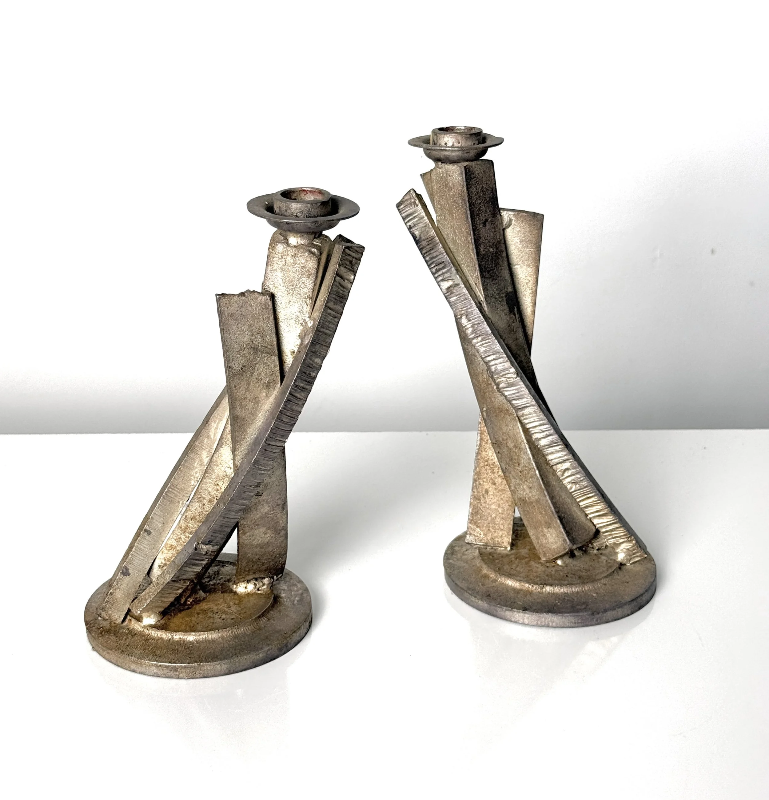 cranbrook artist steel bronze abstract brutalist handmade candle sculptures detroit steel architectural pair candlesticks mid century modern industrial joseph wesner