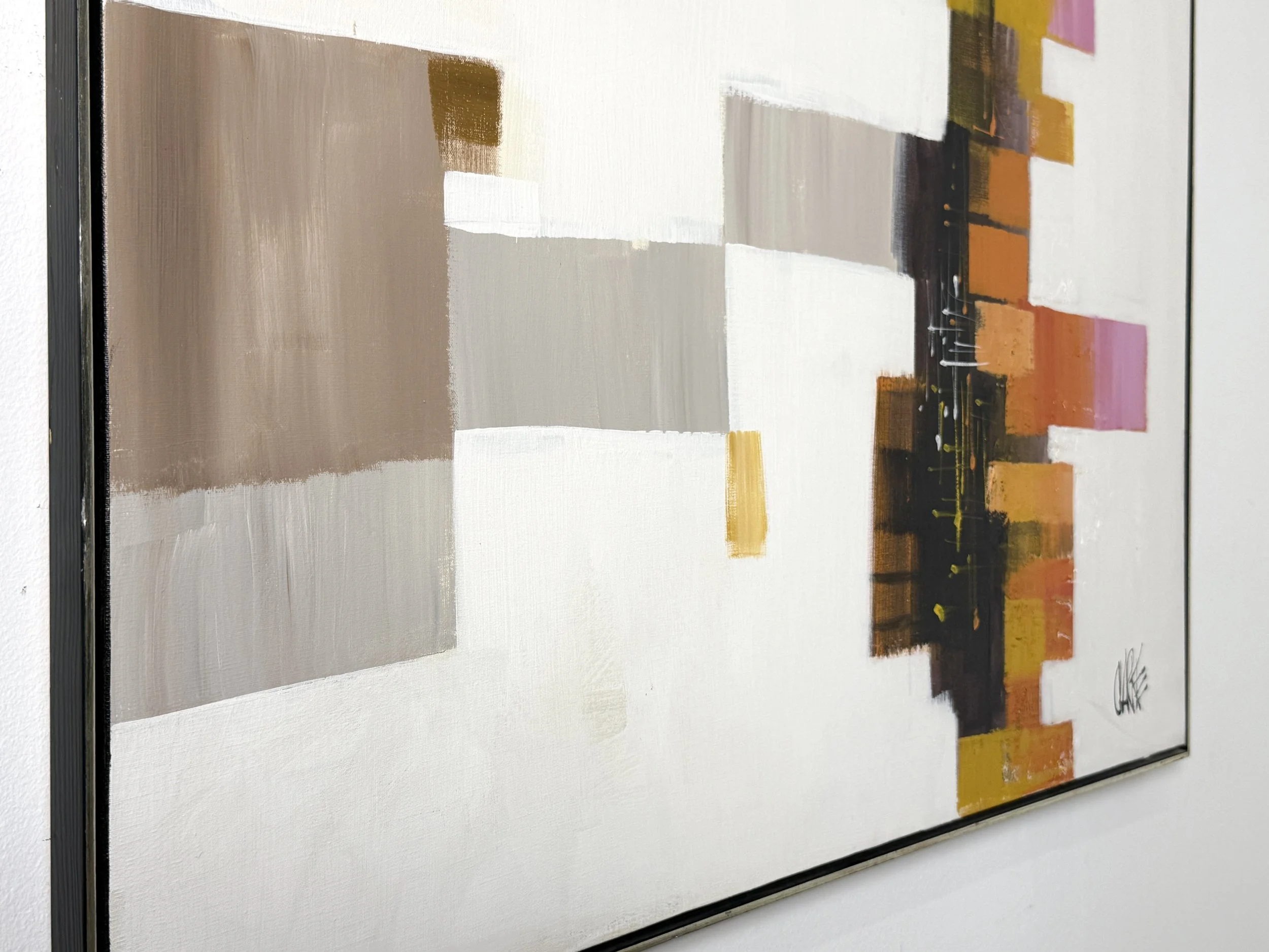 vintage mid century modern detroit michigan original abstract modernist oil painting large cityscape colorful art wall art geometric landscape colorblock painting
