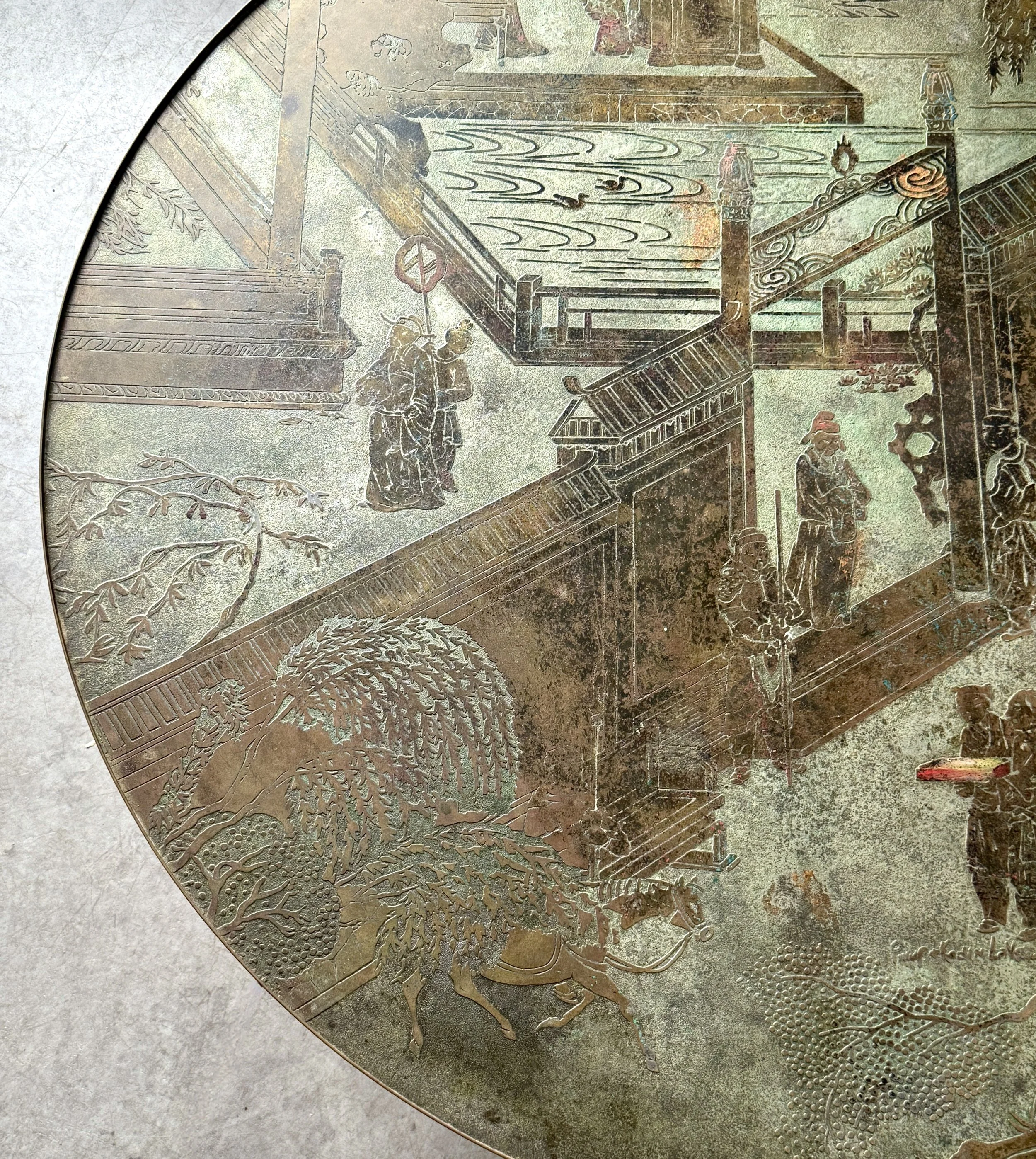 vintage mid century modern laverne bronze round coffee table cocktail table brass asian acid etched coffee table rare sculptural coffee table brass