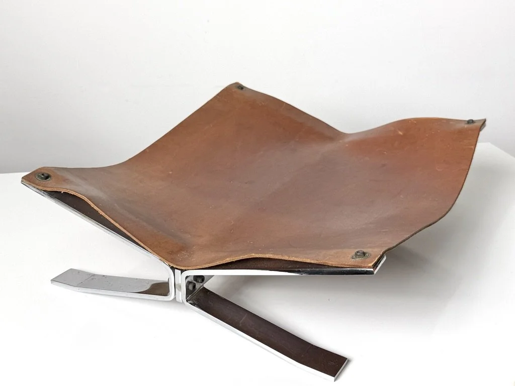 vintage mid century modern detroit michigan leather chrome magazine holder log rack italian rare unique leather sling mies van der rohe barcelona 1970s log rack