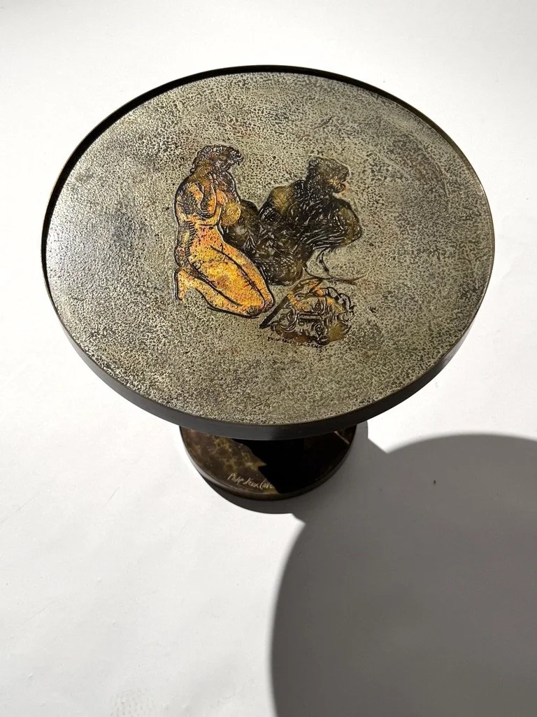 mid century philip and kelvin laverne brass side table pedestal table patinated acid etched bronze round occasional table picasso antique sculptural side table
