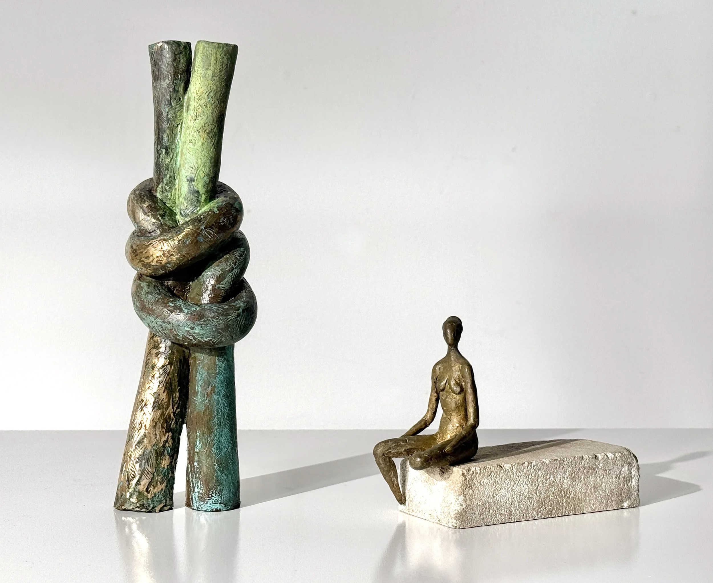 vintage mid century modern abstract bronze narrow sculpture verdigris patina knot sculpture cranbrook detroit artist unique table top sculpture solid bronze