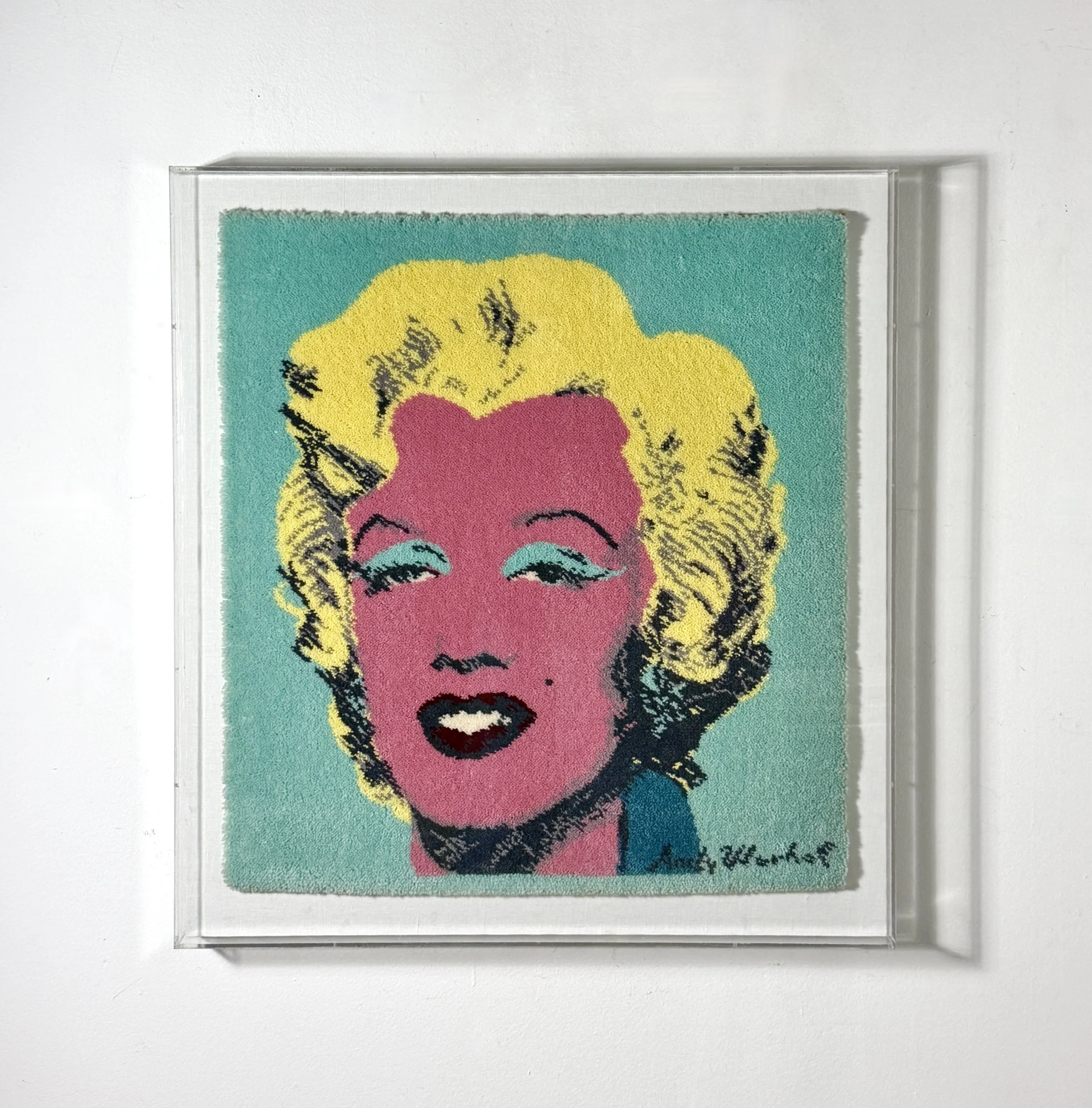 vintage andy warhol original signed tapestry wall sculpture wall hanging marilyn monroe pop art textile painting shadowbox frame pop art lucite authentic warhol art