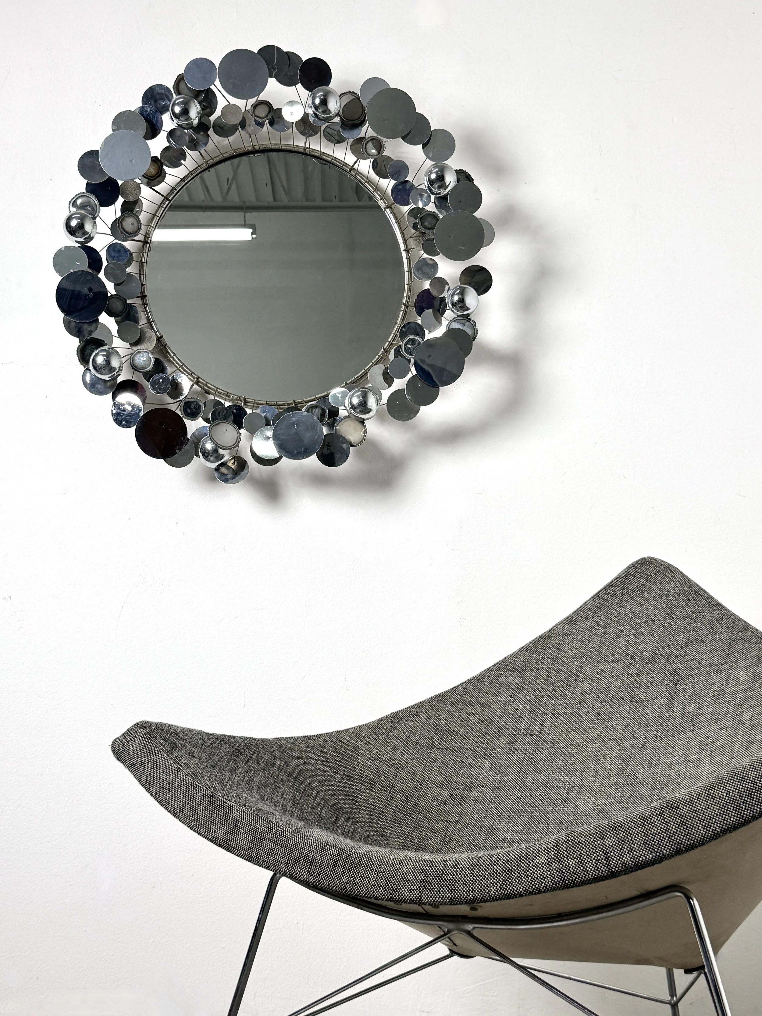 vintage mid century modern detroit michigan curtis jere chrome raindrops wall art sculpture mirror round three dimensional pop art sculpture 1970s