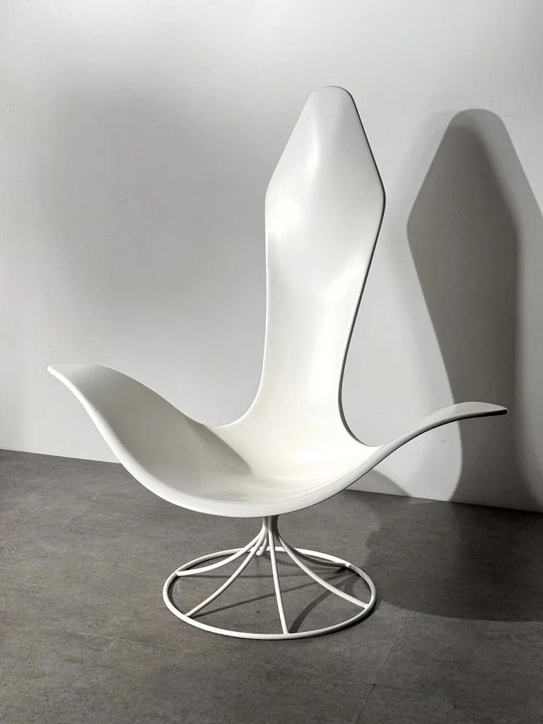 vintage mid century modern furniture laverne tulip chair rare sculptural lounge chair white fiberglass chair unique accent chair 1950s