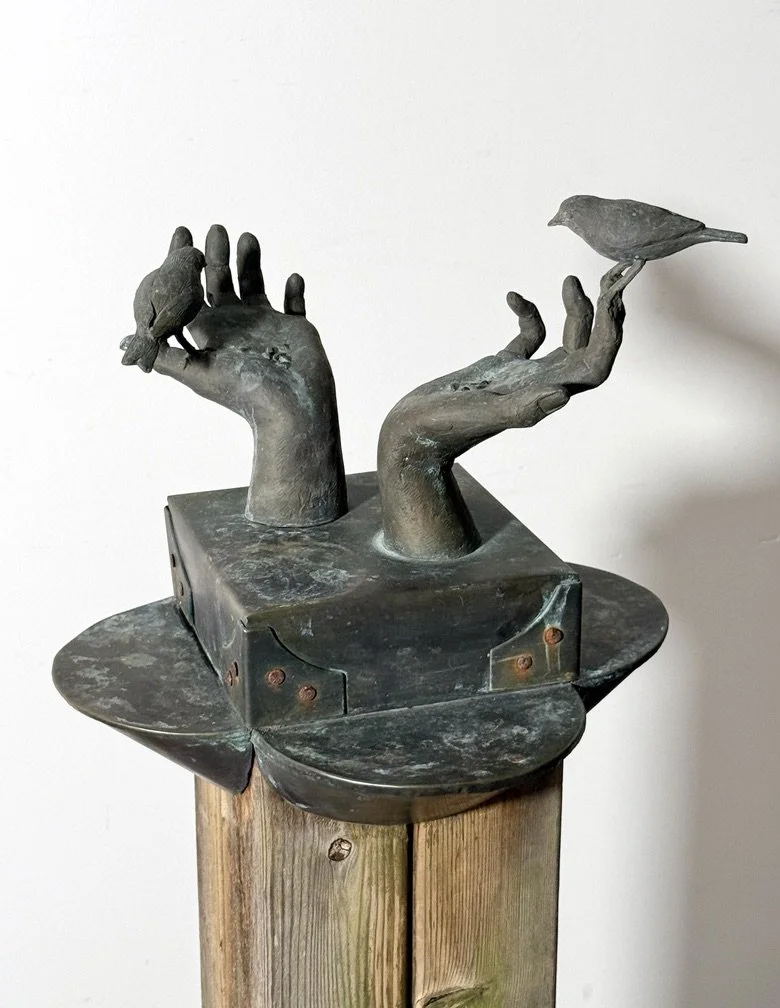 vintage mid century modern bronze totem floor sculpture birds hands bronze abstract surrealist sculpture unique garden outdoor sculpture organic rare stephen veresh
