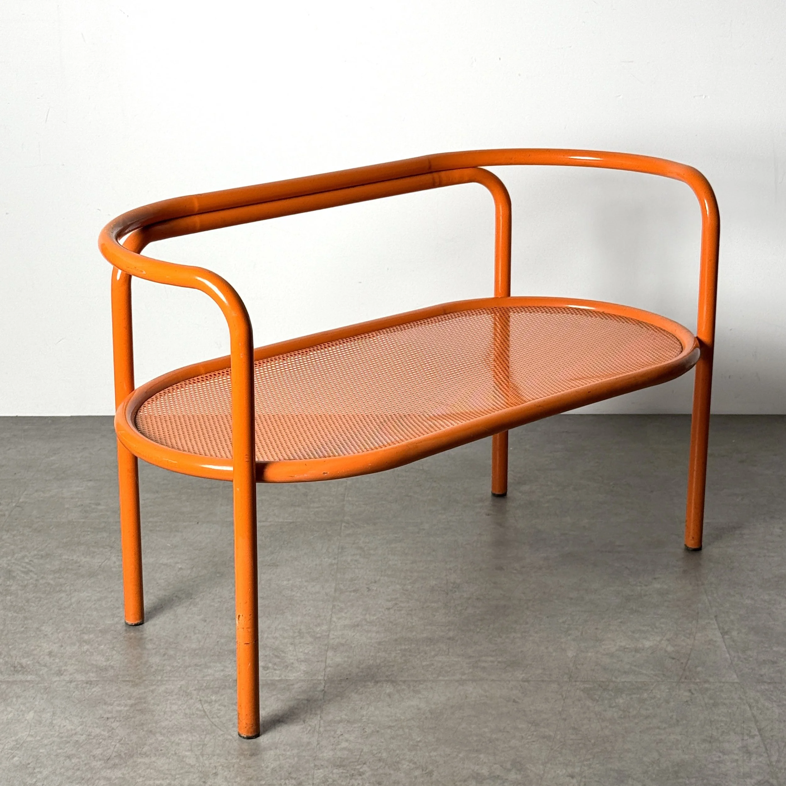 vintage mid century modern detroit michigan italian french patio outdoor bench settee modernist orange perforated metal bench pop art space age post modern seating