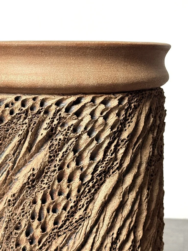 vintage mid century modern stoneware ceramic sculptural planter textured anne goldman david cressey stan bitters modernist rare unqiue tall cylinder planter