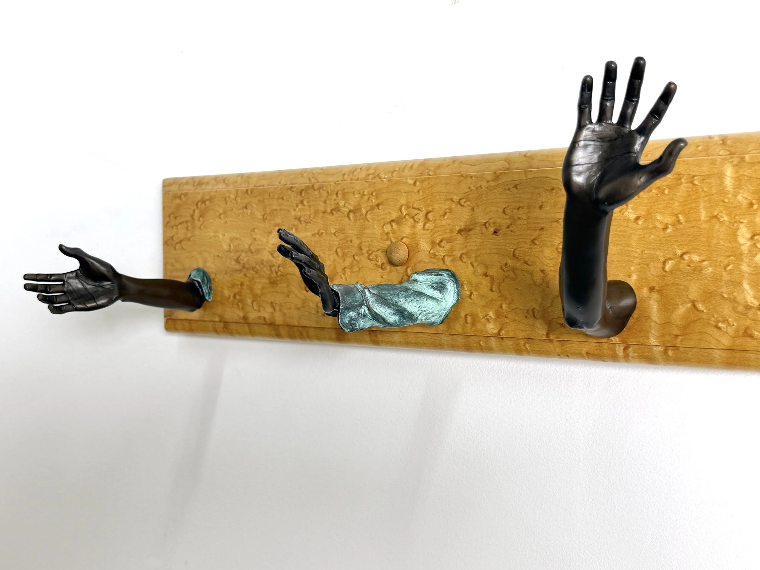 vintage mid century modern detroit michigan american studio craft birdsye maple wall mounted coat rack hook surrealist bronze hands wall hooks carl aubock unique rare vintage objects