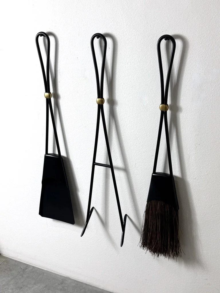 mid century modern fireplace tool set danish fire tools rare set of fire tools scandinavian Dansk fireplace tools Jens Quistgaard modernist wall mounted hanging fire tool set