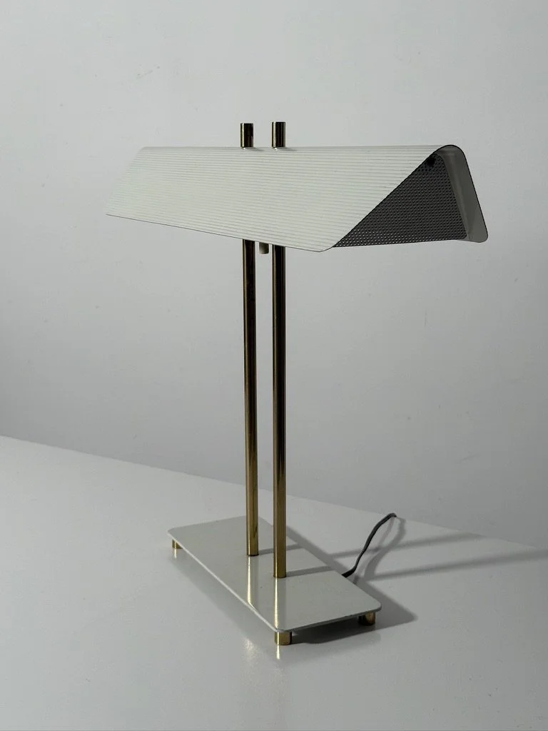 vintage mid century modern desk lamp paul mccobb table lamp white enamel brass canopy desk lamp 1950s architectural modern table lamp perforated greta von nessen studio rare