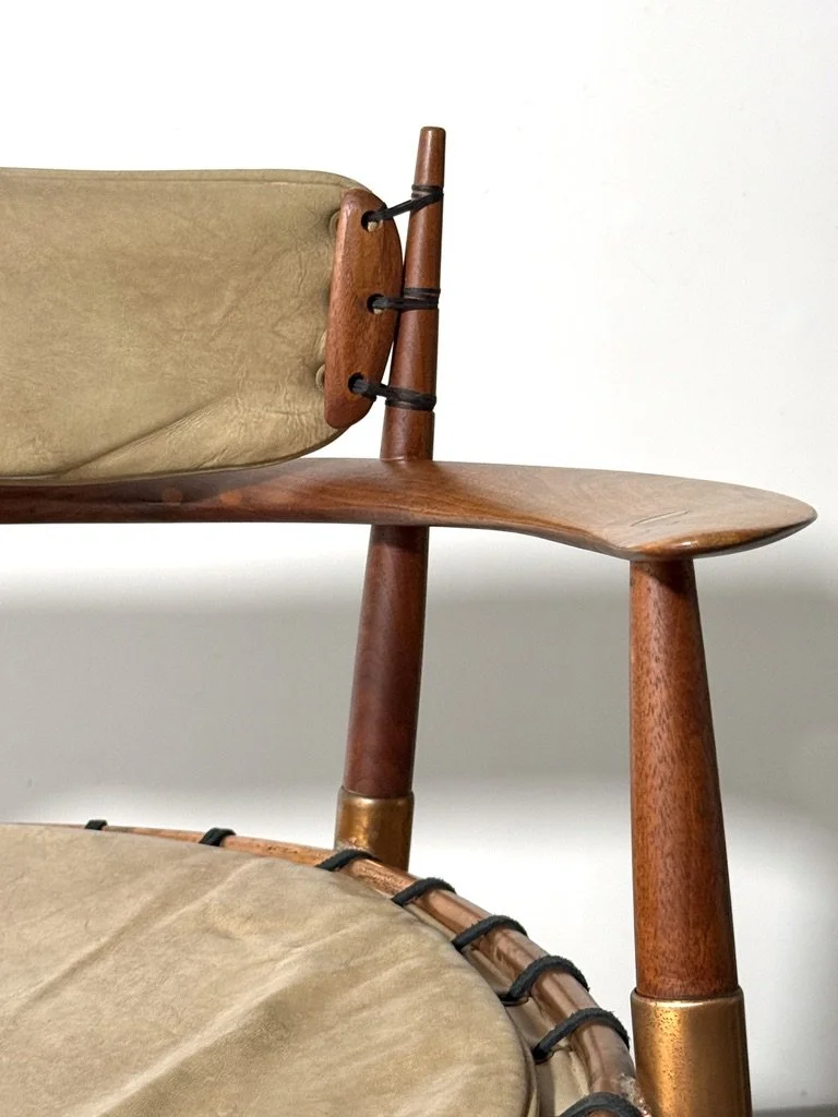 vintage mid century american studio craft lounge chair unique rare sculptural armchair hans wegner sam maloof kofod larsen pacific green leather walnut hand carved 1950s