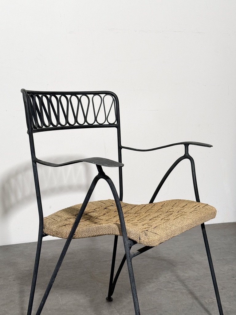 vintage mid century modern italian outdoor dining chairs wroght iron woven seat bistro chairs tempestini salterini ribbon chairs set rare italian outdoor chairs sculptural iron patio chairs