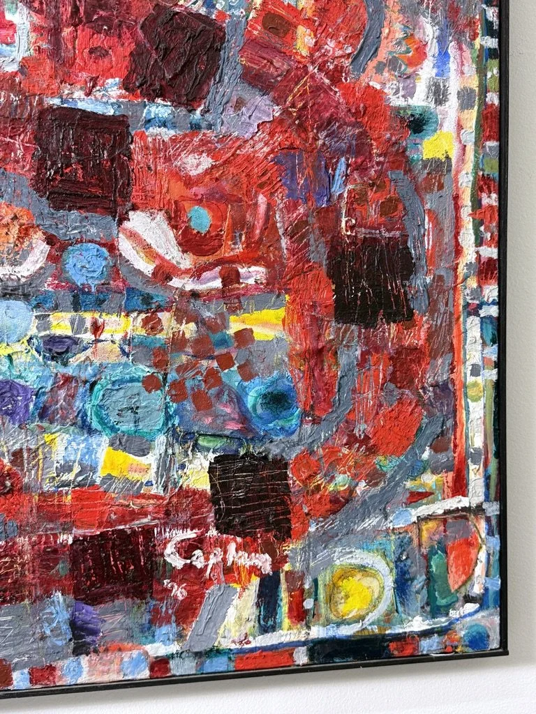 vintage mid century modern original abstract oil painting red large oversized 5 ft painting colorful multi color street art brutalist art large painting