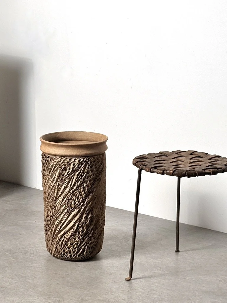 vintage mid century modern stoneware ceramic sculptural planter textured anne goldman david cressey stan bitters modernist rare unqiue tall cylinder planter