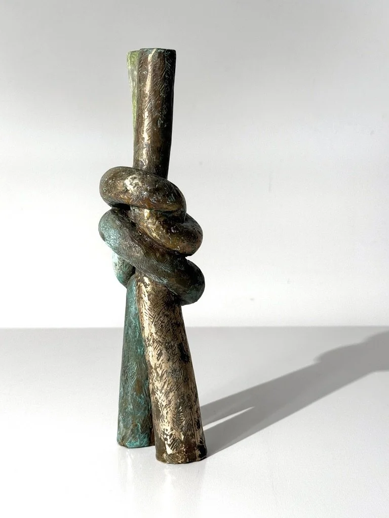 vintage mid century modern abstract bronze narrow sculpture verdigris patina knot sculpture cranbrook detroit artist unique table top sculpture solid bronze