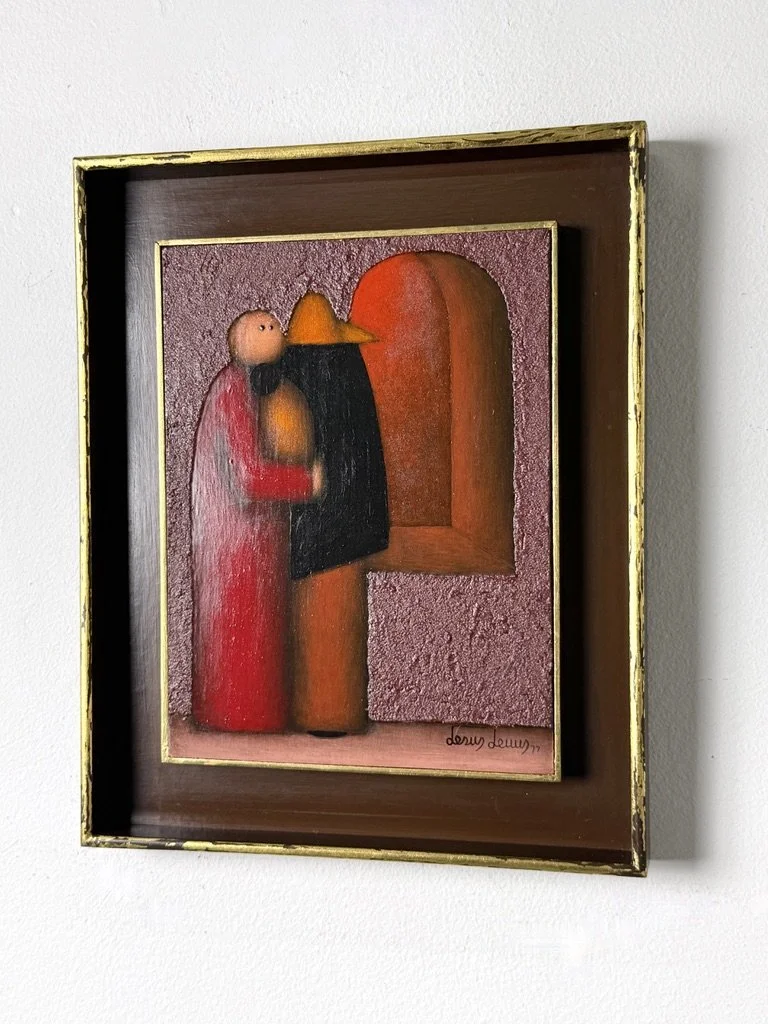 vintage mid century modern mexican oil painting original painting Jesus Leuus modernist painting surrealist figural boho painting 1960s