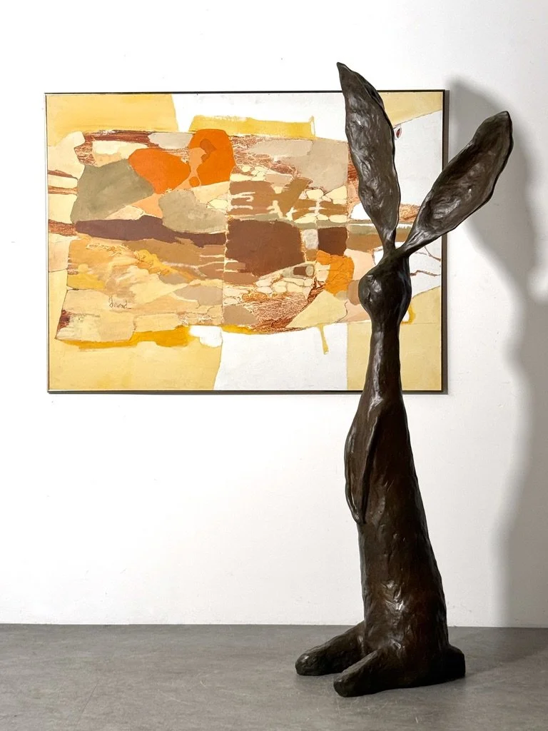 vintage mid century modern abstract organic color block oil painting on canvas signed Joel Durand large earth tone muted orange painting