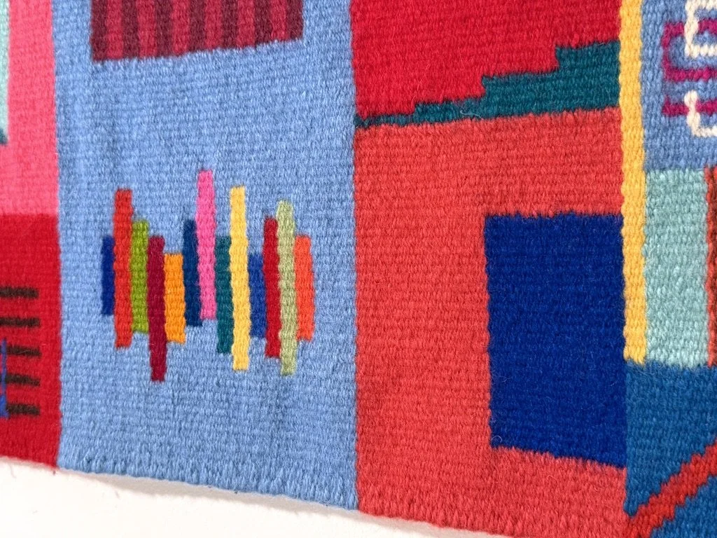 vintage mid century modern colorful abstract tapestry fiber art wall hanging evelyn ackerman postmodern contemporary wall hanging