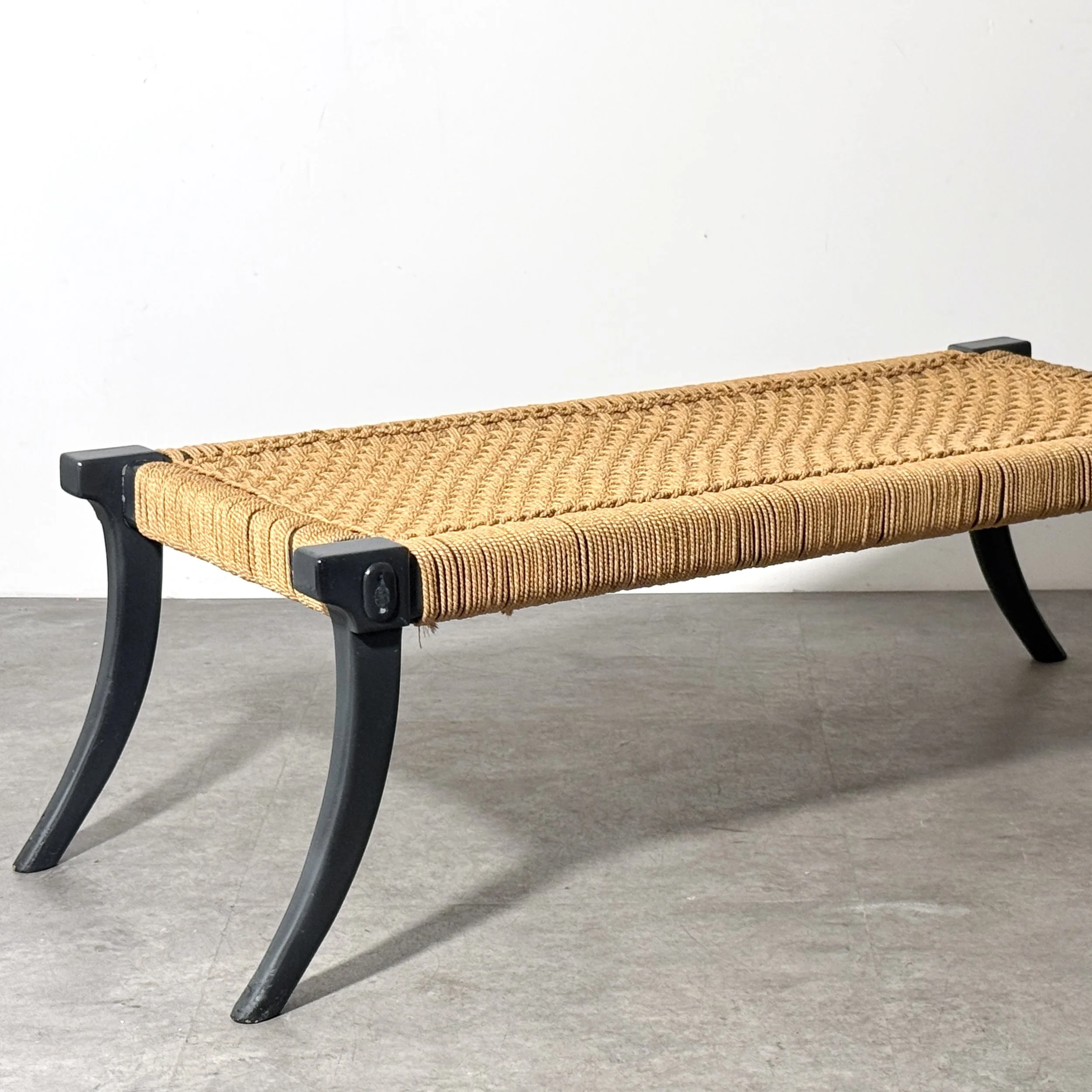 vintage mid century modern sculptural bench greek klismos leg robsjohn gibbings widdicomb saber leg sabre leg unique rare rope woven cord seat entryway bench