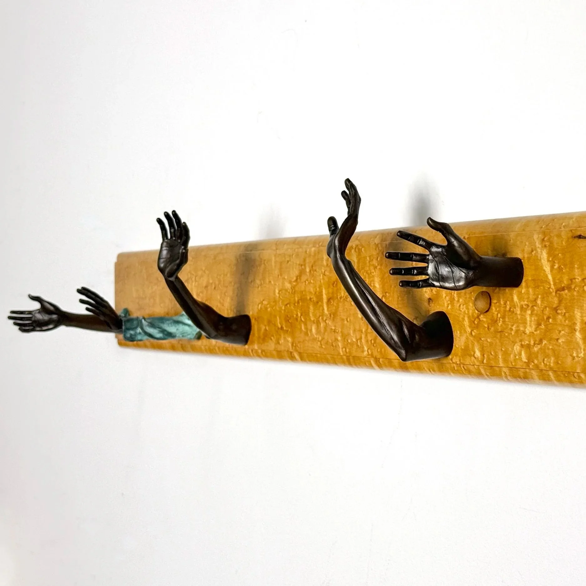 vintage mid century modern detroit michigan american studio craft birdsye maple wall mounted coat rack hook surrealist bronze hands wall hooks carl aubock unique rare vintage objects