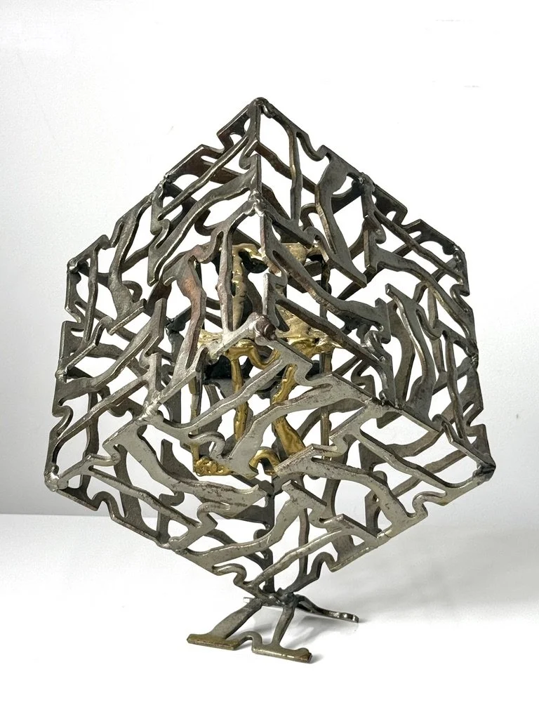 vintage mid century modern abstract metal cube sculpture steel brass welded large tabletop brutalist sculpture modernist geometric original sculpture