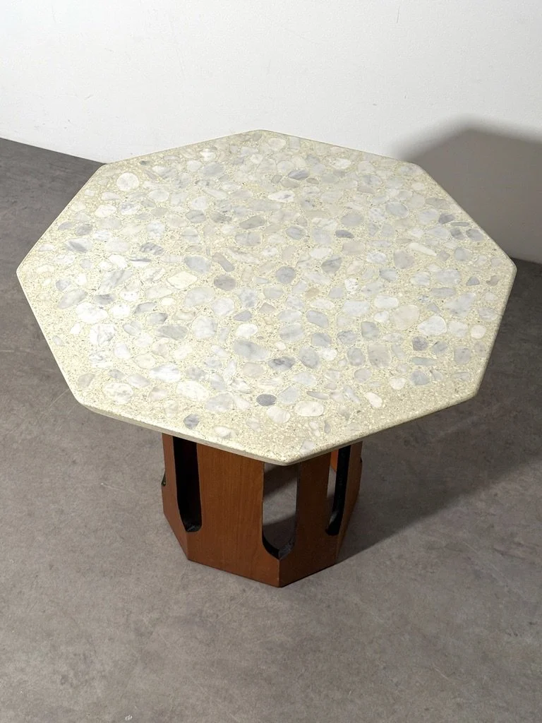 vintage mid century modern travertine terrazzo side table column base pedestal table side table end table occasional table octagon harvey probber dunbar art deco architectural sculptural table