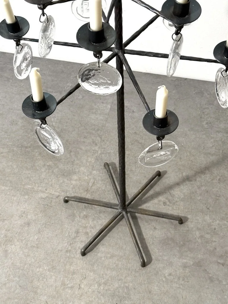 vintage mid century modern brutalist floor lamp floor standing candelabra candelabrum rare unique gothic forged iron hammered iron glass pendant chandelier floor lamp