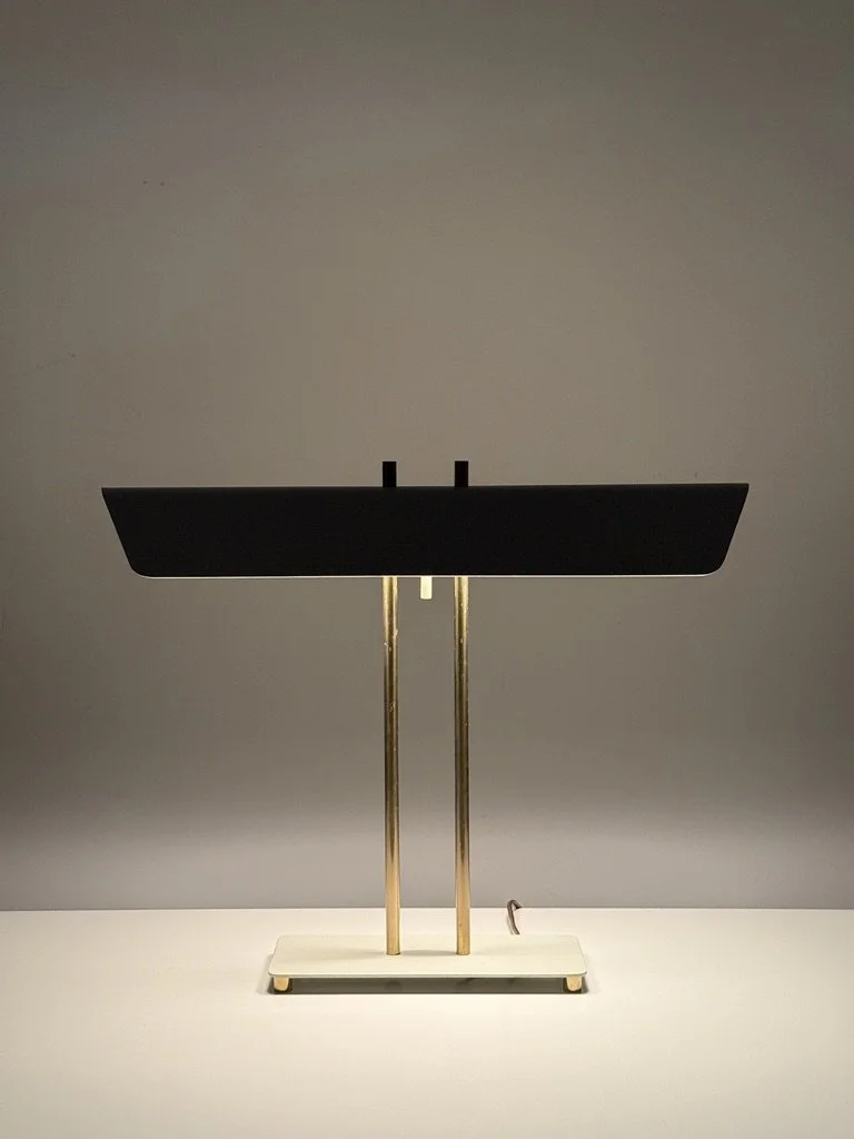 vintage mid century modern desk lamp paul mccobb table lamp white enamel brass canopy desk lamp 1950s architectural modern table lamp perforated greta von nessen studio rare