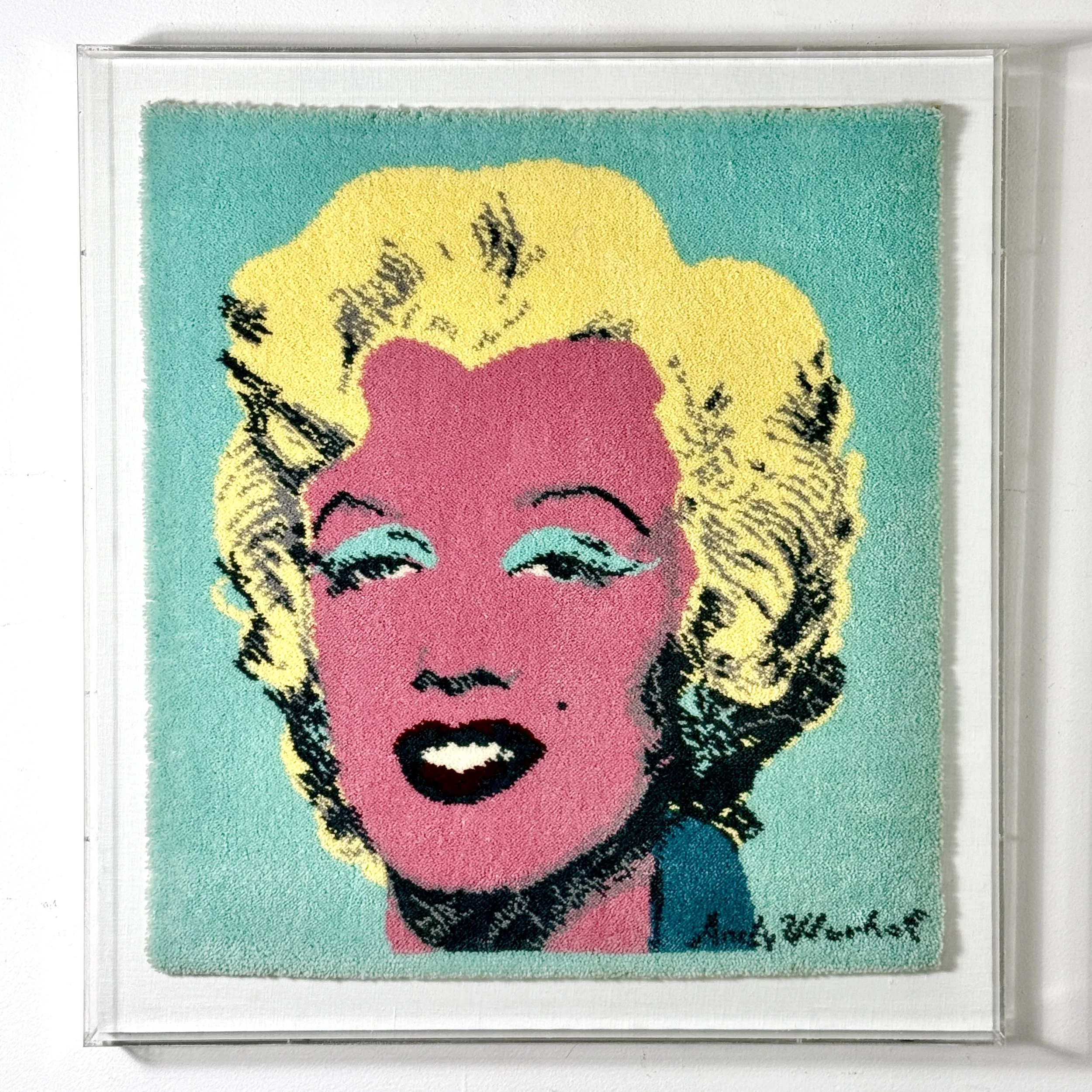 vintage andy warhol original signed tapestry wall sculpture wall hanging marilyn monroe pop art textile painting shadowbox frame pop art lucite authentic warhol art