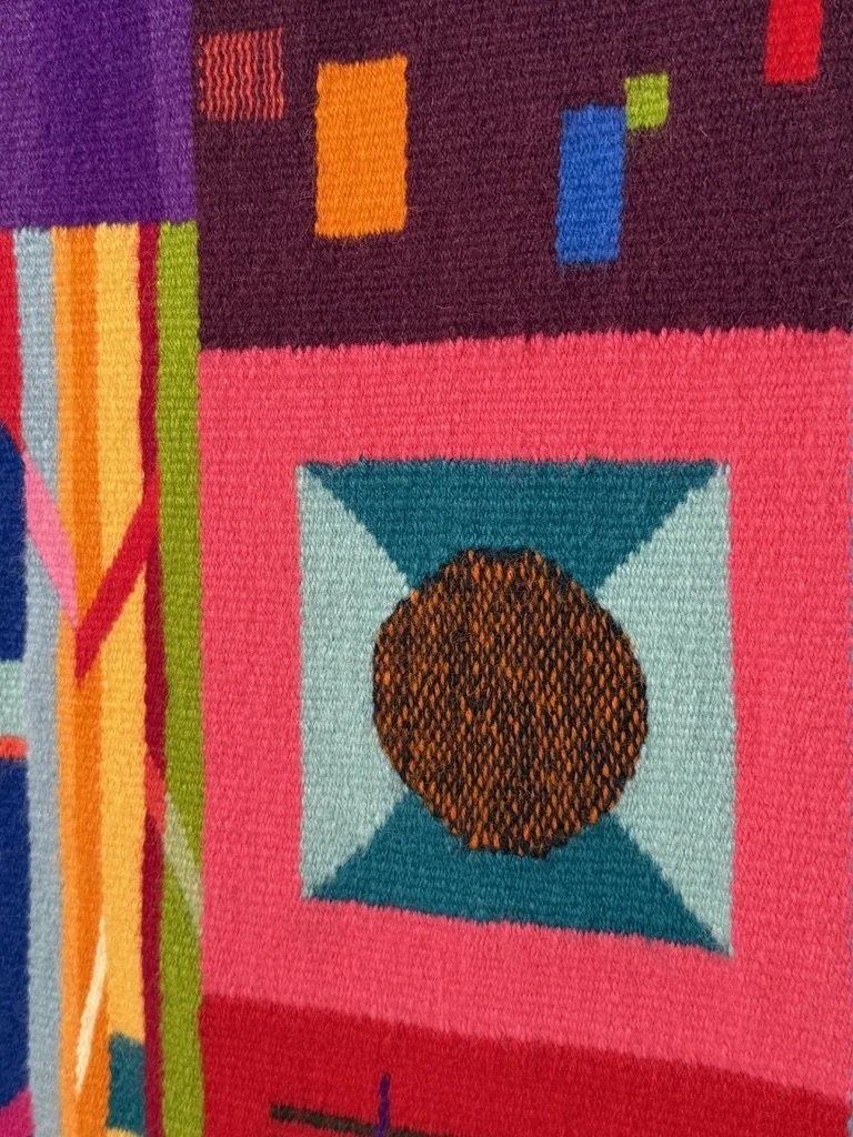 vintage mid century modern colorful abstract tapestry fiber art wall hanging evelyn ackerman postmodern contemporary wall hanging
