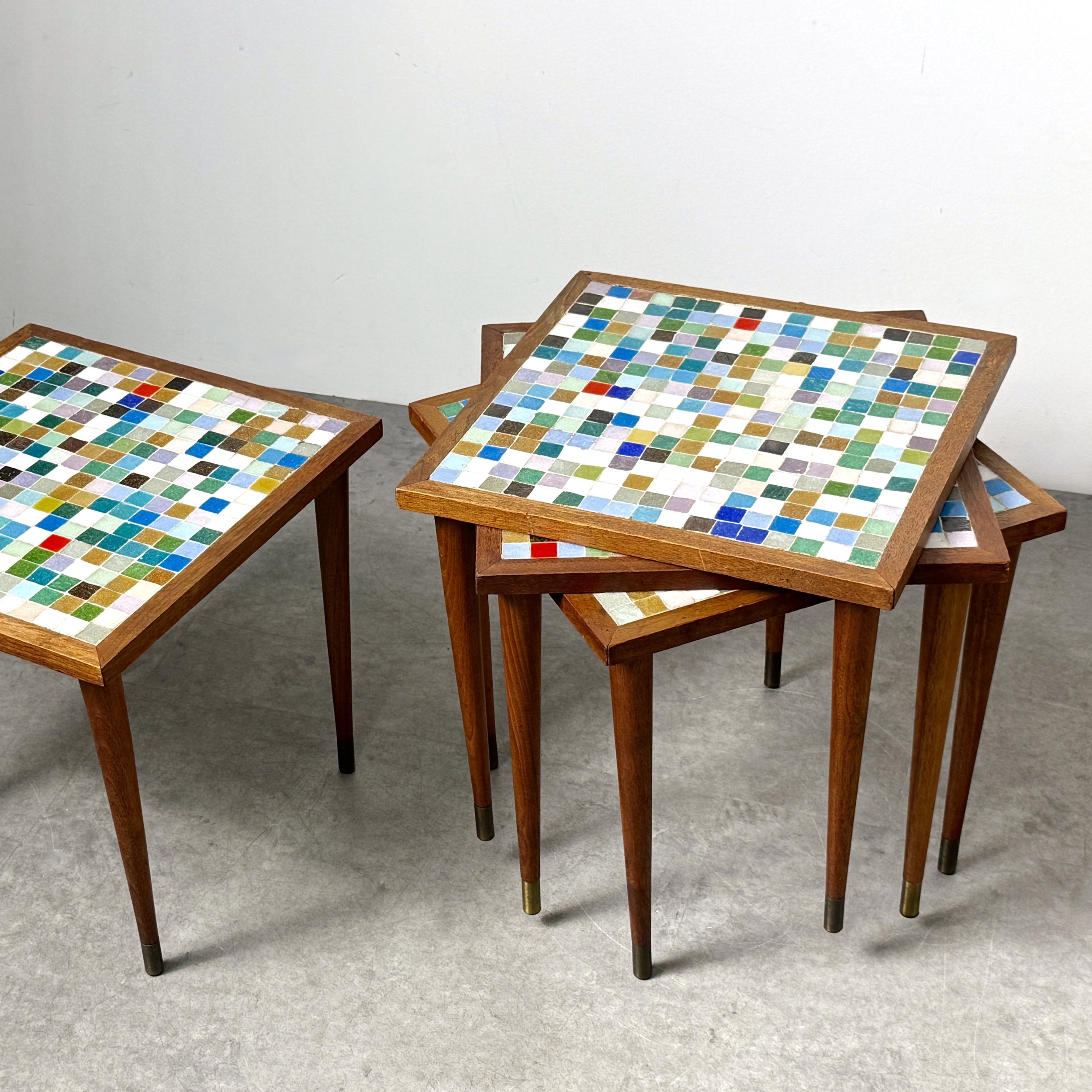Set of 4 Mid Century Modern Italian Glass Mosaic Tile Top Stacking Side Tables 1950s