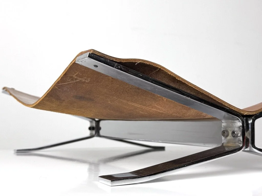 vintage mid century modern detroit michigan leather chrome magazine holder log rack italian rare unique leather sling mies van der rohe barcelona 1970s log rack