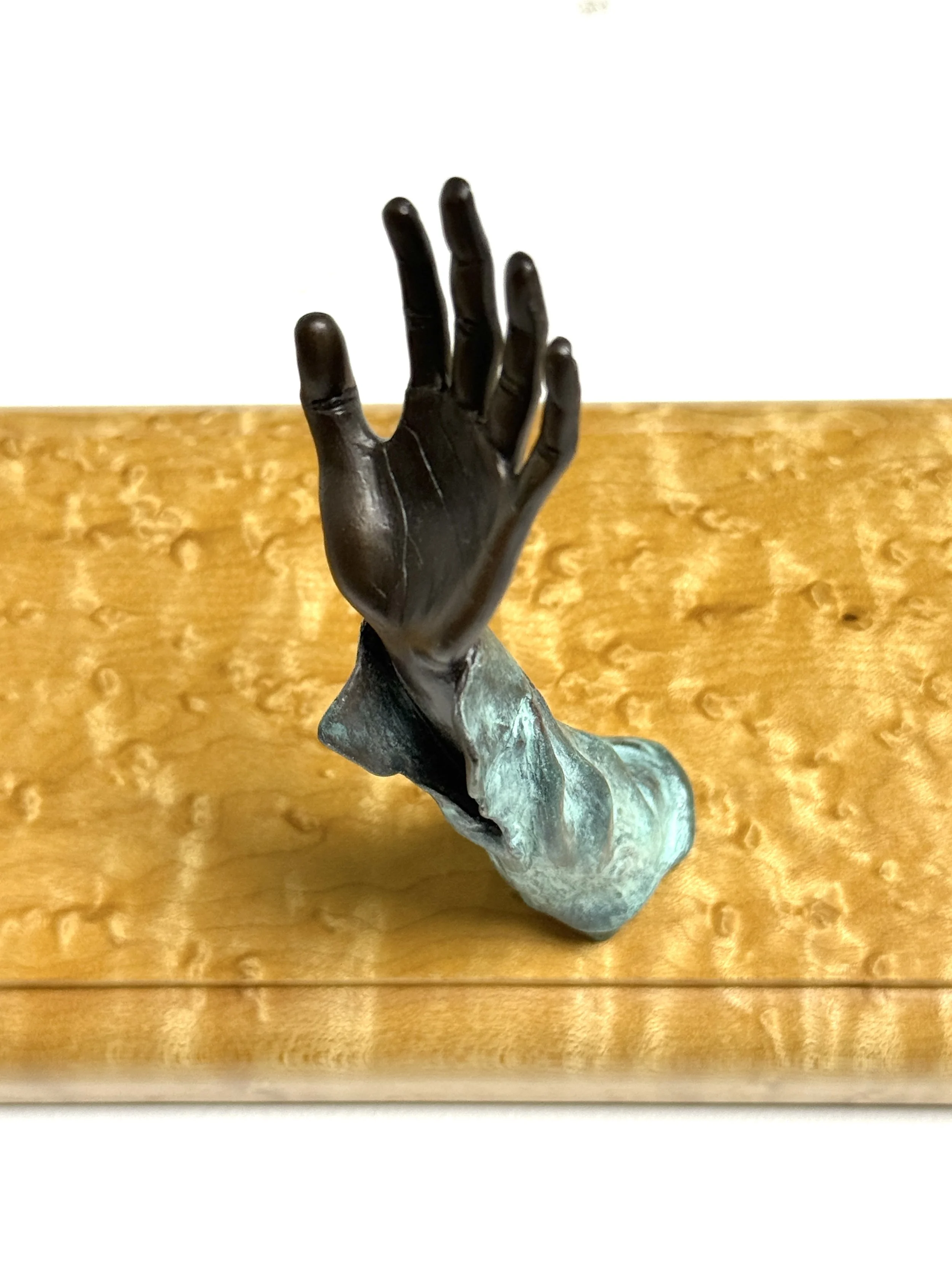 vintage mid century modern detroit michigan american studio craft birdsye maple wall mounted coat rack hook surrealist bronze hands wall hooks carl aubock unique rare vintage objects