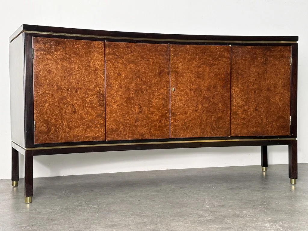 vintage mid century modern edward wormley dunbar rare credenza burl walnut elm sideboard milo baughman burl credenza unique sculptural cabinet curved front