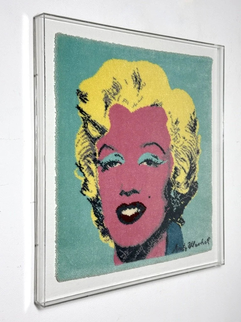 vintage andy warhol original signed tapestry wall sculpture wall hanging marilyn monroe pop art textile painting shadowbox frame pop art lucite authentic warhol art