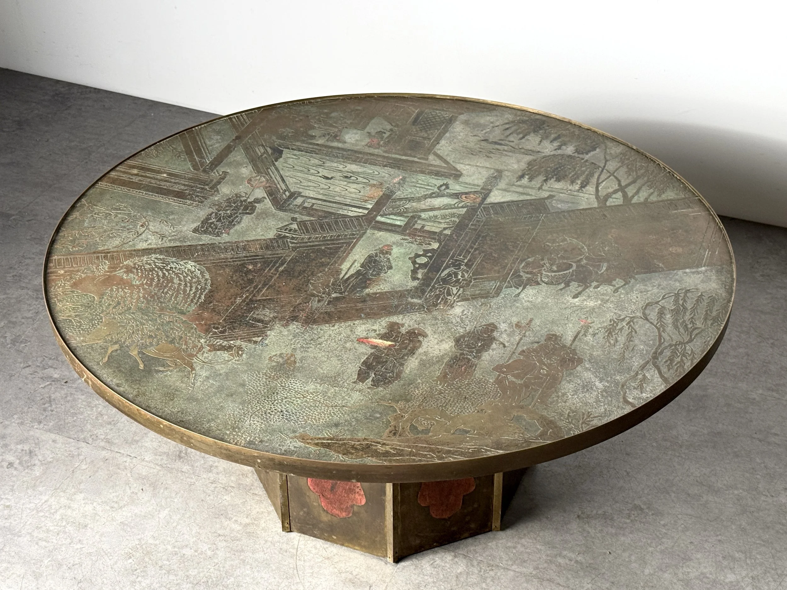 vintage mid century modern laverne bronze round coffee table cocktail table brass asian acid etched coffee table rare sculptural coffee table brass