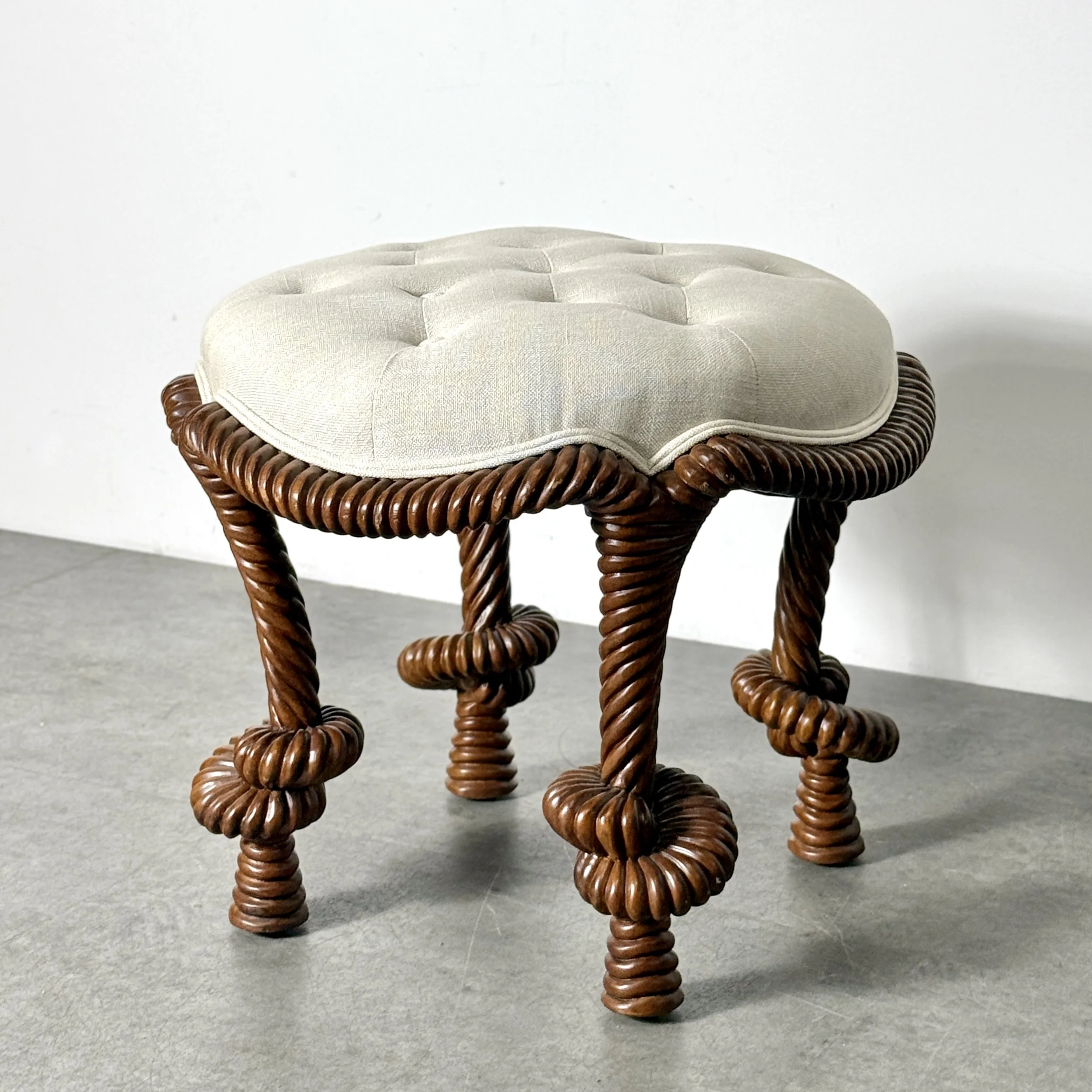 vintage mid century modern unique sculptural rare vanity stool carved wood rope knot twist decorative occasional stool bunny williams rope stool ballard designs