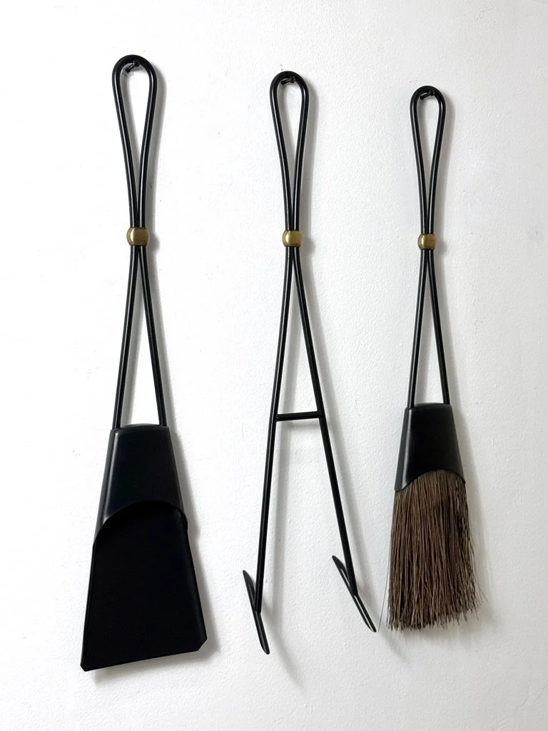 mid century modern fireplace tool set danish fire tools rare set of fire tools scandinavian Dansk fireplace tools Jens Quistgaard modernist wall mounted hanging fire tool set