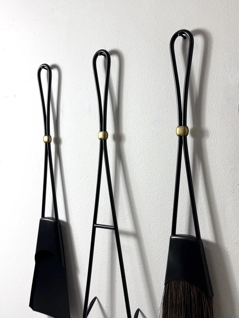 mid century modern fireplace tool set danish fire tools rare set of fire tools scandinavian Dansk fireplace tools Jens Quistgaard modernist wall mounted hanging fire tool set