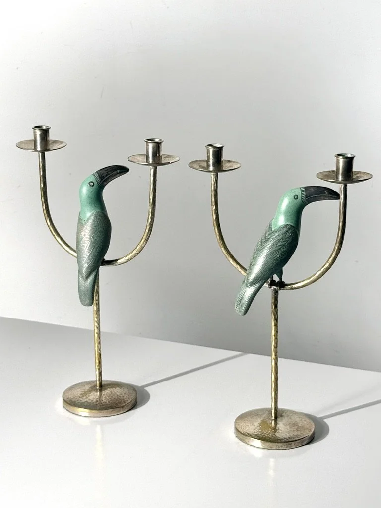 vintage mid century modern sterling silver mexican candle holders emilia castillo parrot candelabras los castillo candlesticks turquoise lapis bird rare candlesticks mexican modern taxco signed