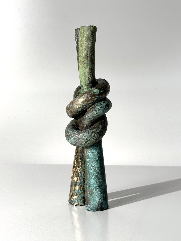 vintage mid century modern abstract bronze narrow sculpture verdigris patina knot sculpture cranbrook detroit artist unique table top sculpture solid bronze