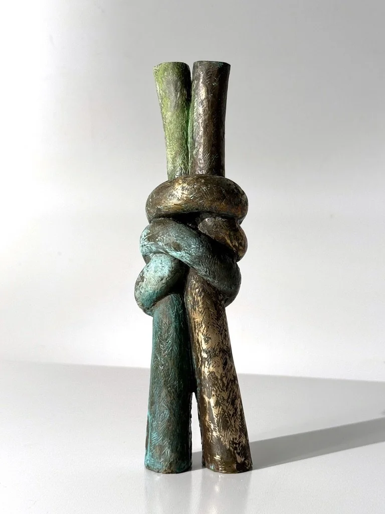 vintage mid century modern abstract bronze narrow sculpture verdigris patina knot sculpture cranbrook detroit artist unique table top sculpture solid bronze