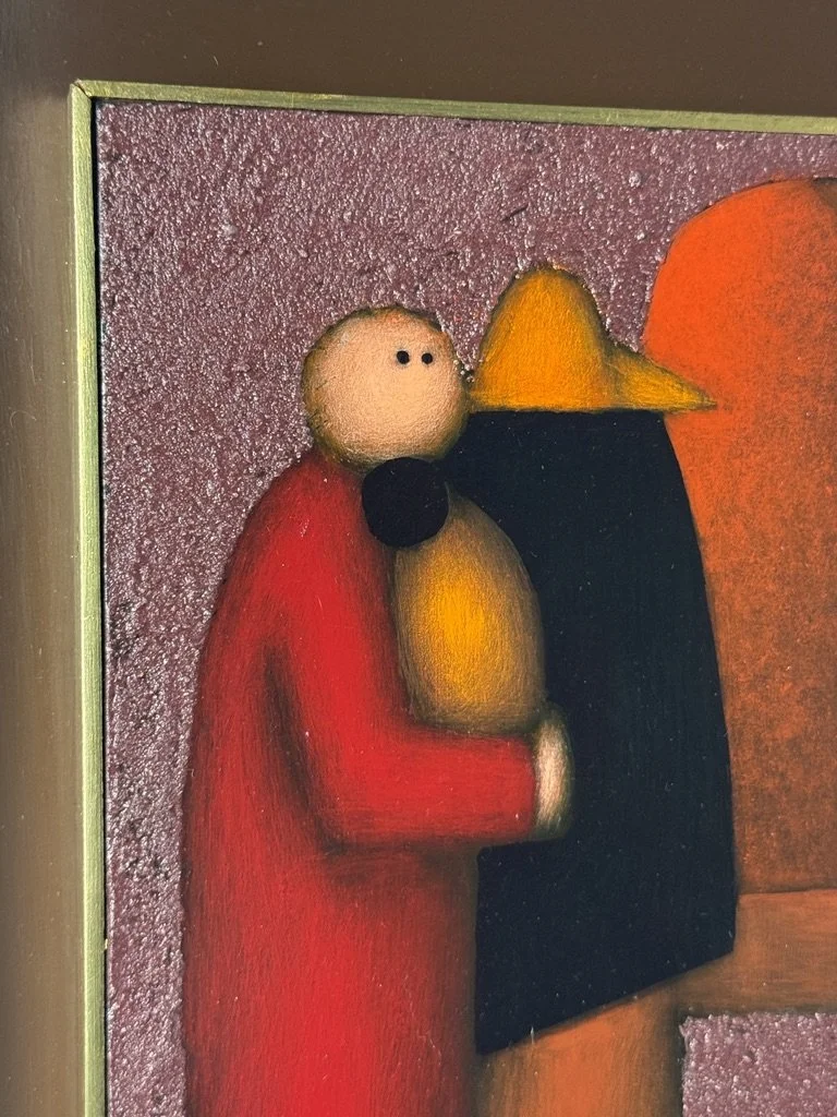 vintage mid century modern mexican oil painting original painting Jesus Leuus modernist painting surrealist figural boho painting 1960s