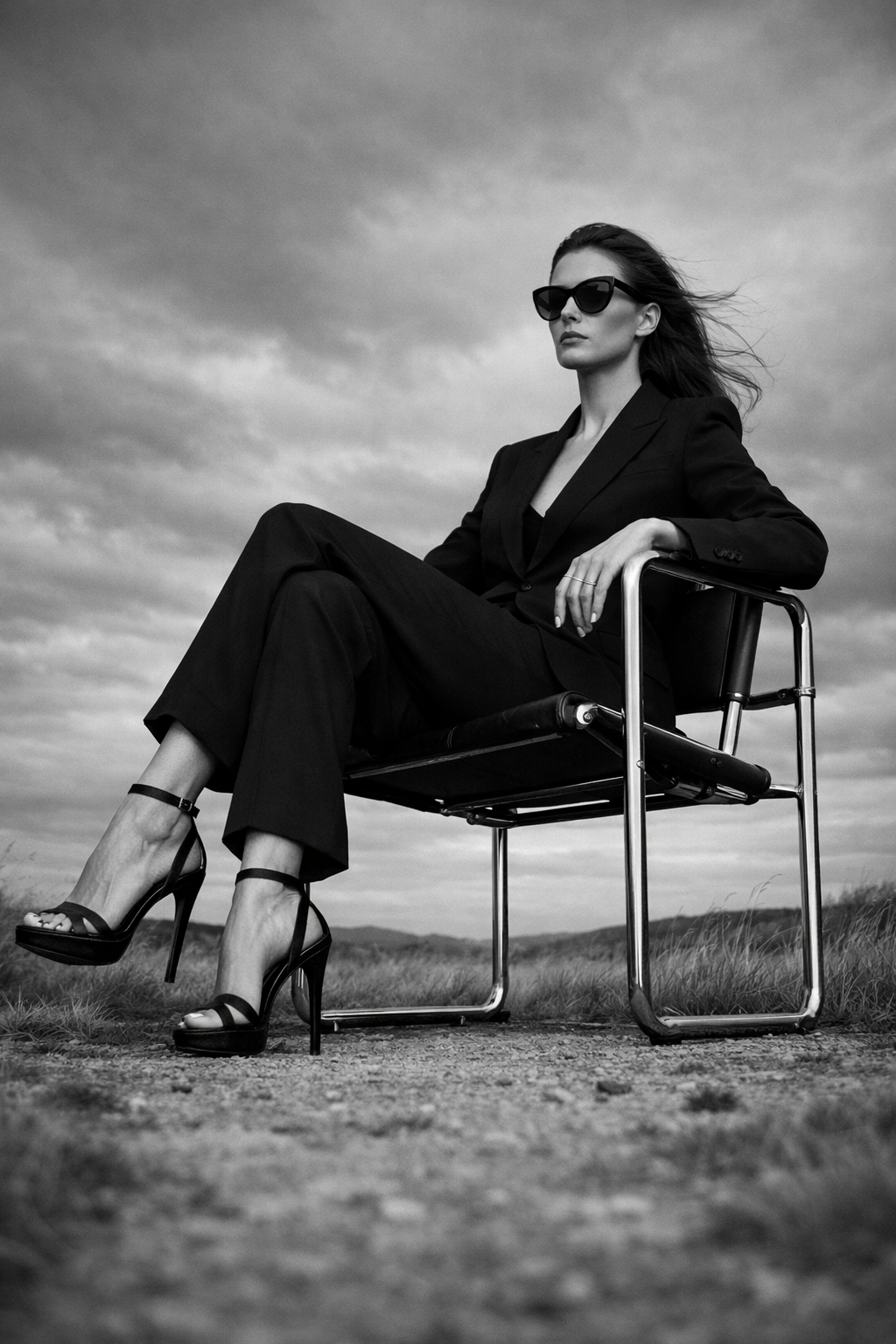 A woman in a black suit and high heels sitting on a metal chair outdoors, wearing sunglasses, under a cloudy sky.