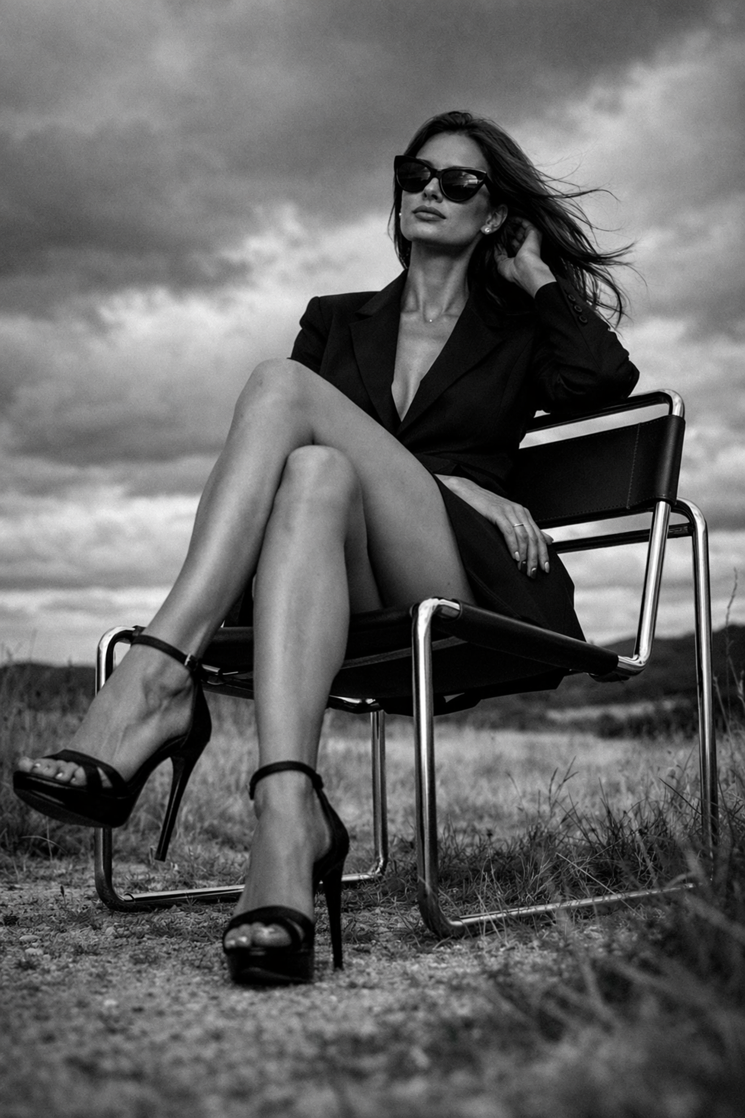 A woman sitting on a chair outdoors, wearing sunglasses, a blazer, and high heels, with her legs crossed, under a cloudy sky
