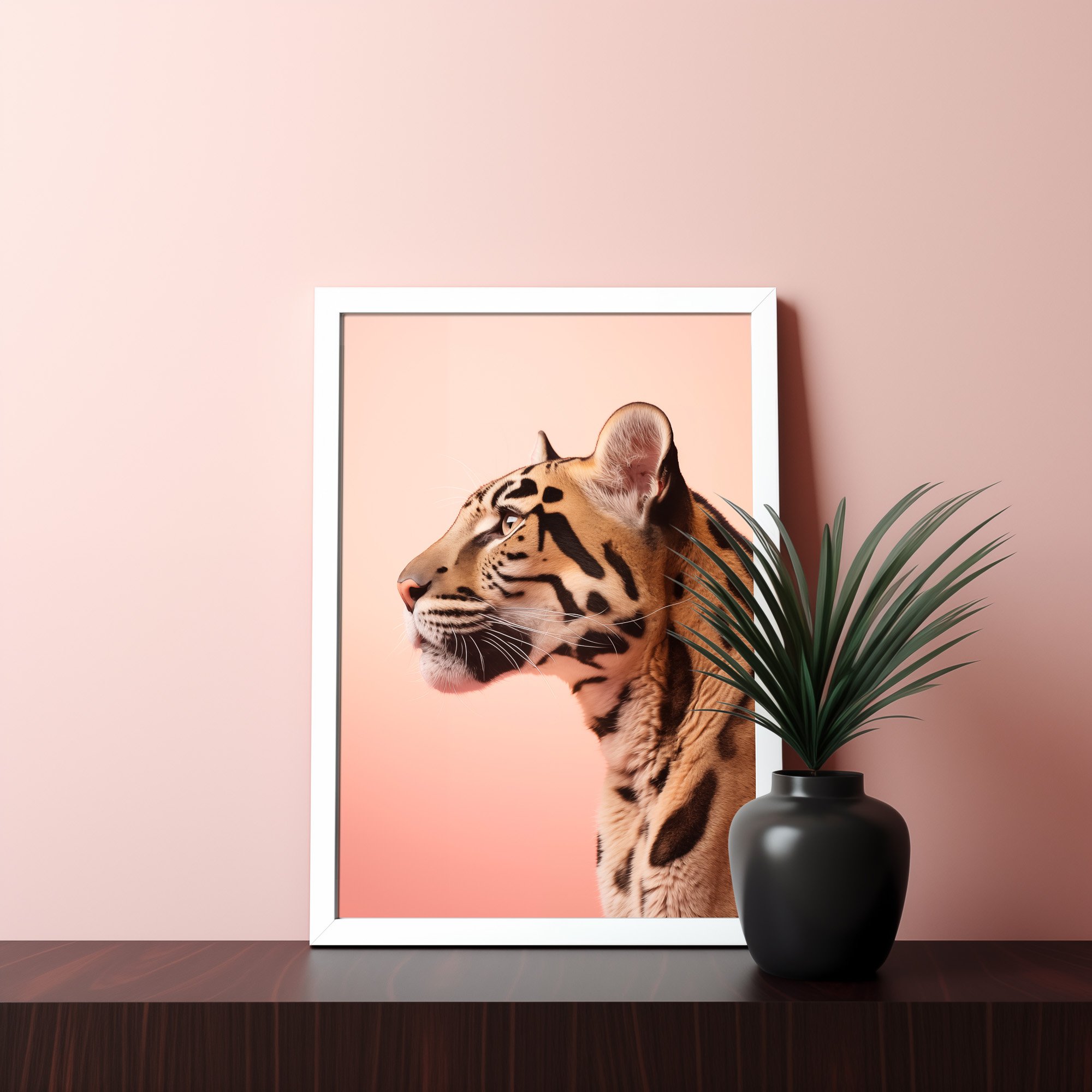 clouded-leopard-peach-fuzz-background-frame-on-dark-reflective-wood-with-plant.jpg