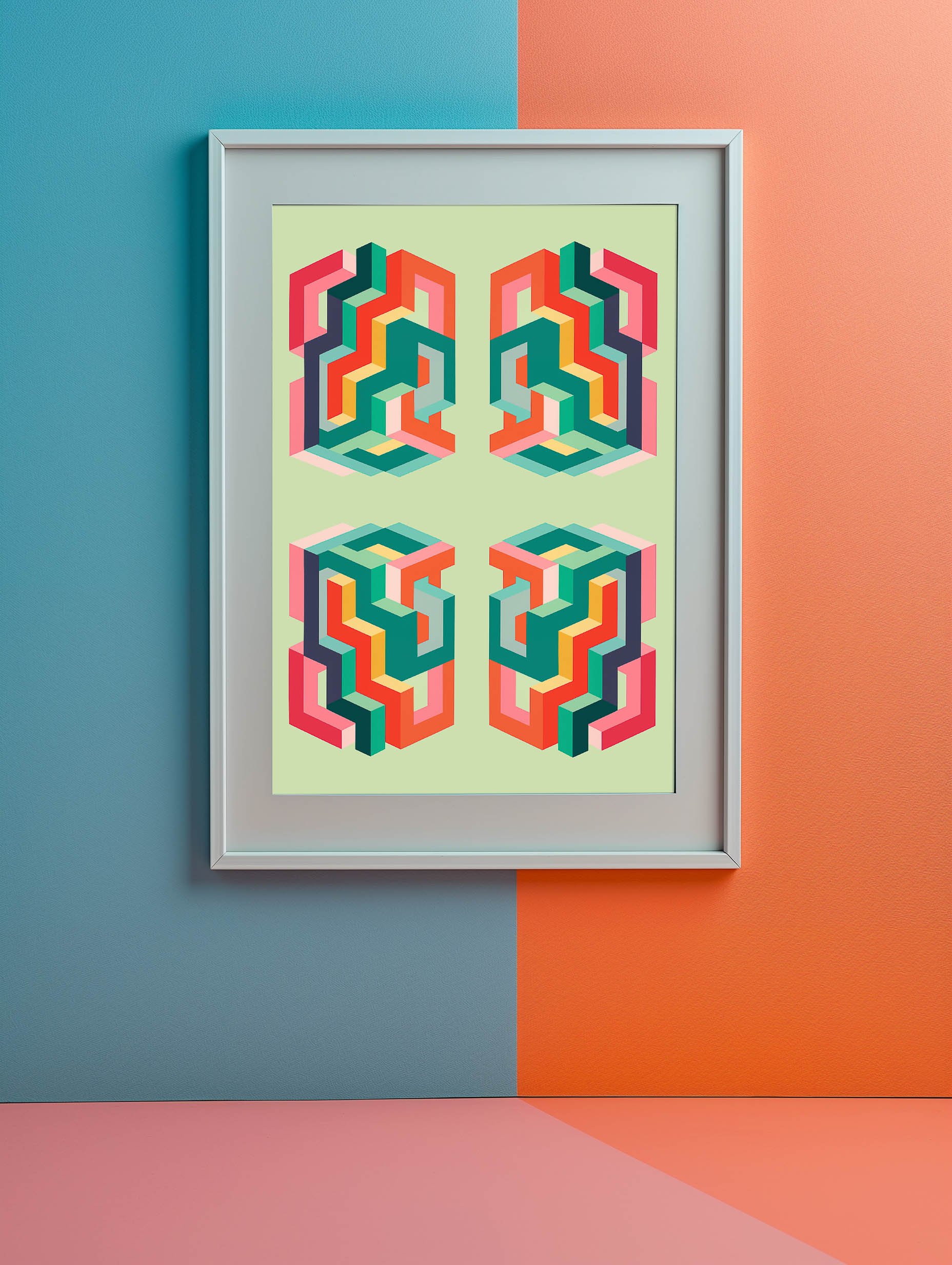 quadrant-print-op-art-symmetrical-abstract-design-green-background-modern-geometric-complimentory-strong-colour.jpg