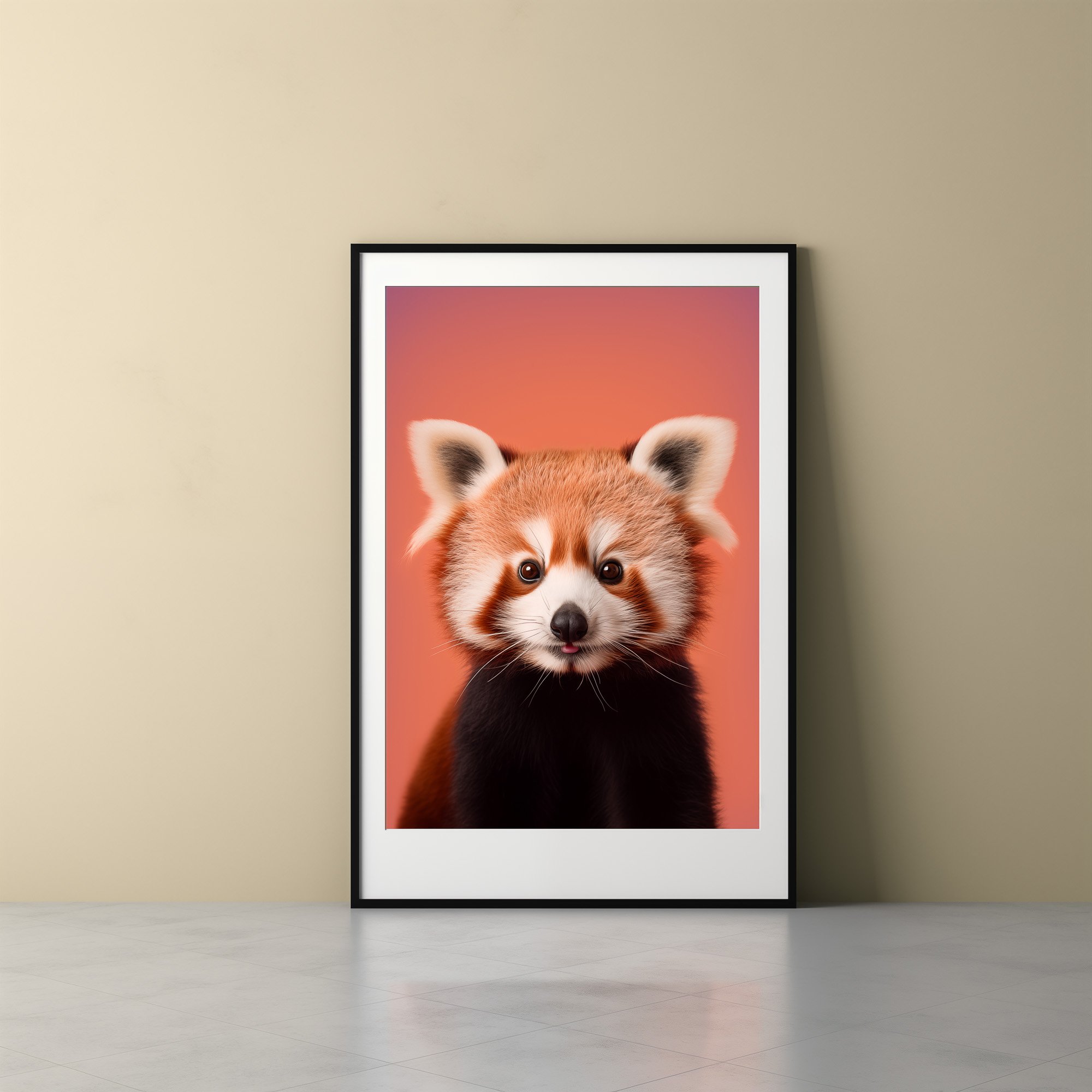 red-panda-looking-straight-out-of-the-print-frame-against-wall-with-reflections.jpg