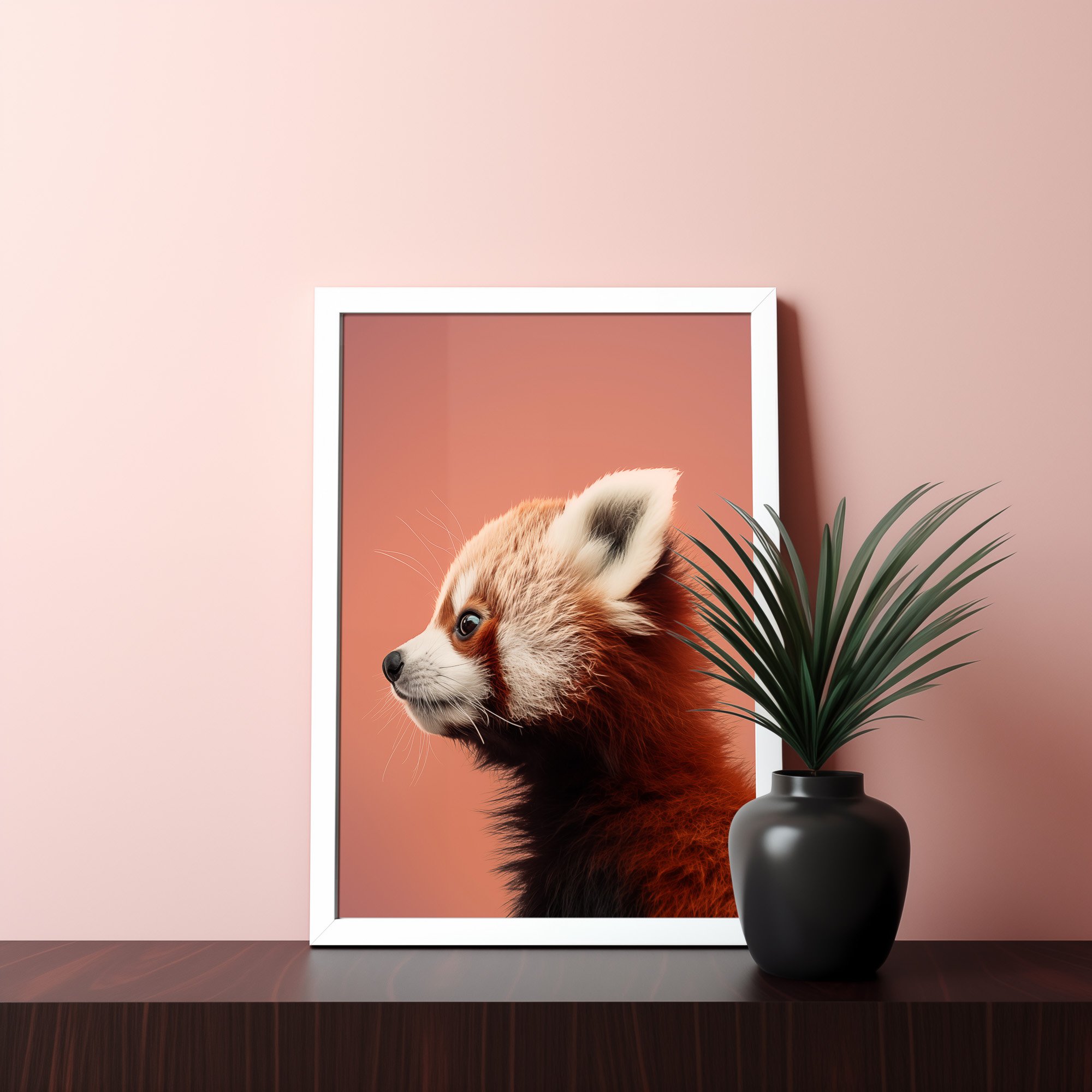 red-panda-print-terracotta-background-frame-on-dark-reflective-wood-with-plant.jpg